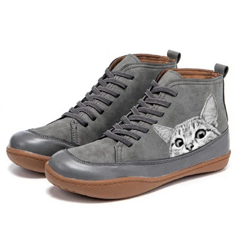 Fenna - Botas De Couro até Ao Tornozelo Para OS Amantes De Gatos