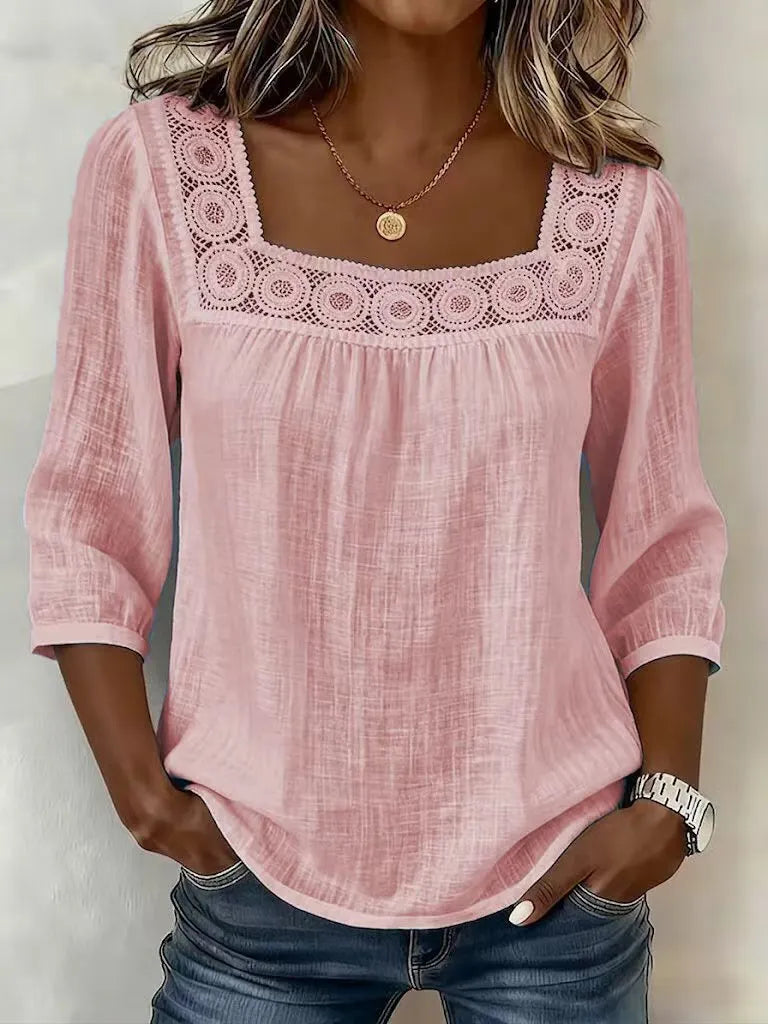 Nozomi - Blusa De Patchwork Com Renda E Decote Quadrado