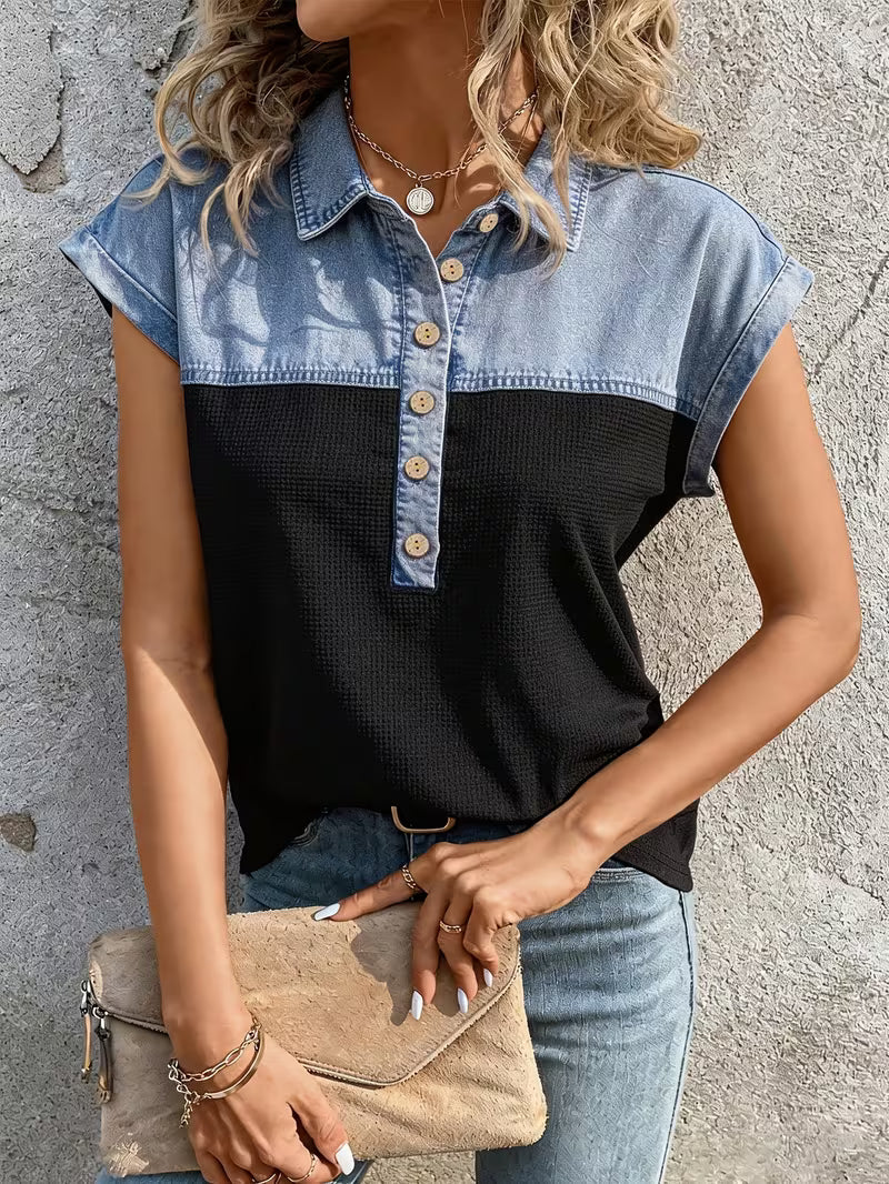 Haily - Top Casual de Ganga Com Gola em Patchwork e Manga Curta