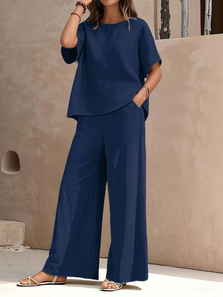 Josy - Conjunto de Camisa de Manga Curta e Calças de Perna Larga