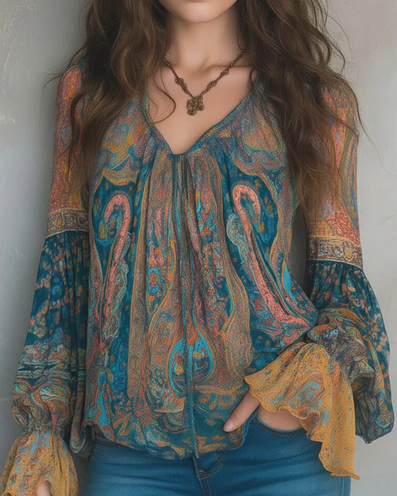 Izabella - Blusa Estilo Boémia Com Decote Em V e Mangas Largas