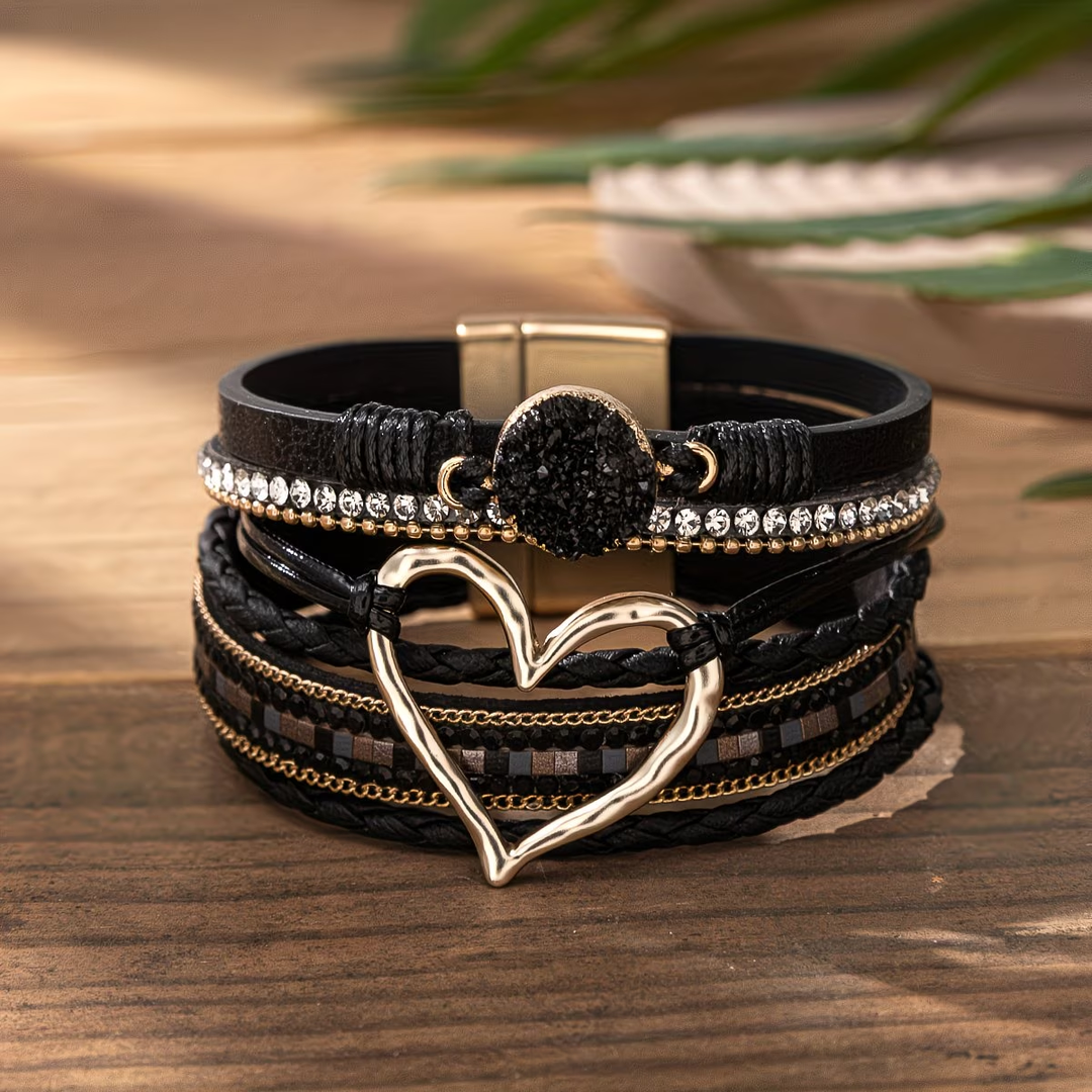 Reyn - Pulseira De Couro Em Camadas Com Pingente Em Forma De Coração