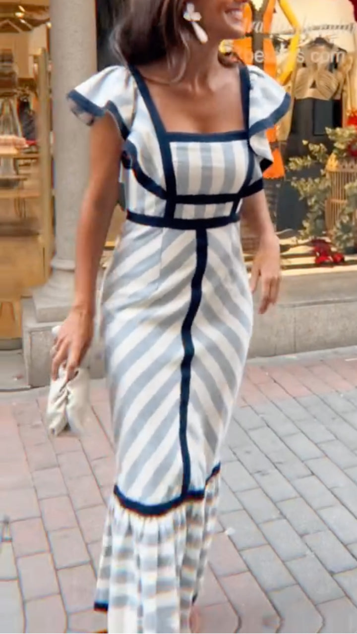 Lileeka - Vestido Maxi Com Riscas Mistas e Decote Quadrado
