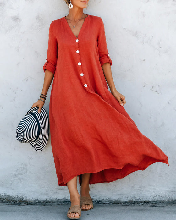 Lizie - Vestido Comprido Com Decote Em V E Botões