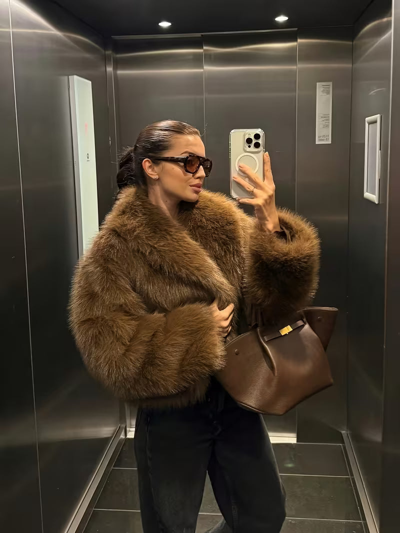 Jorida - Casaco Curto Oversized Com Lapelas, Em Pele Sintética