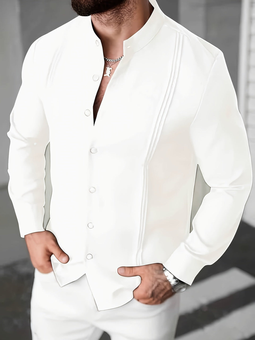 Elshan - Camisa De Manga Comprida Com Gola Alta E Botões