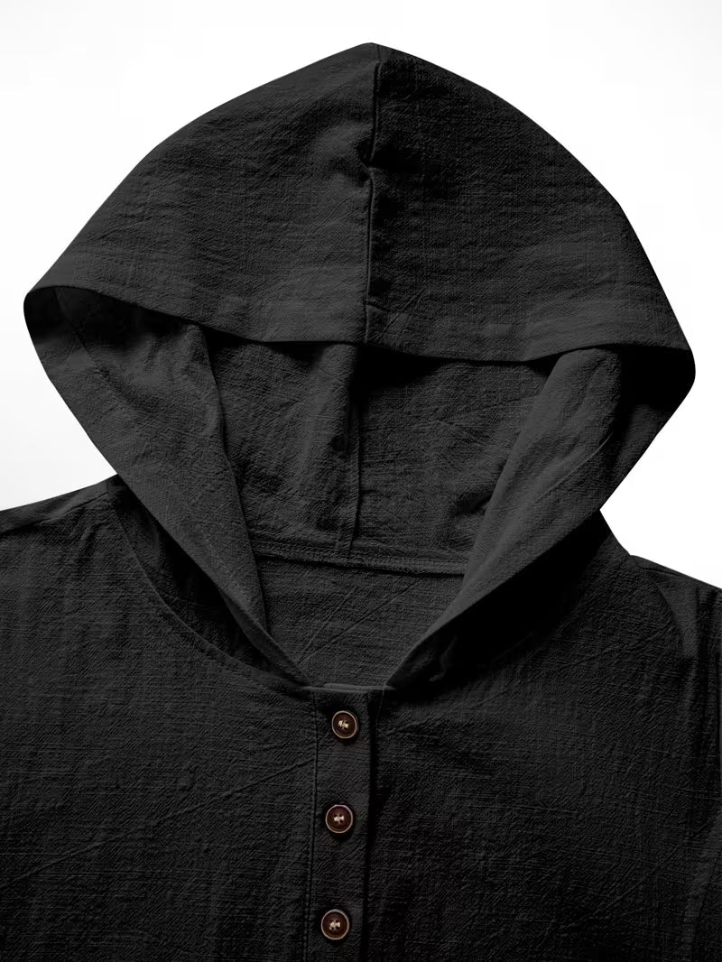 Bouchra - Camisa Folgada De Manga Curta Com Capuz De Cor Lisa E Botões À Frente