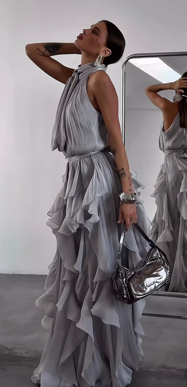 Nataly - Vestido Maxi Com Folhos Em Cascata