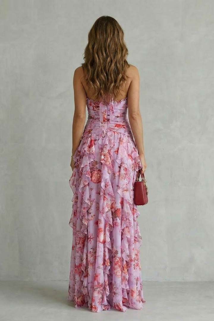 Eliora - Vestido Maxi Com Decote Halter e Padrão Floral Em Cascata