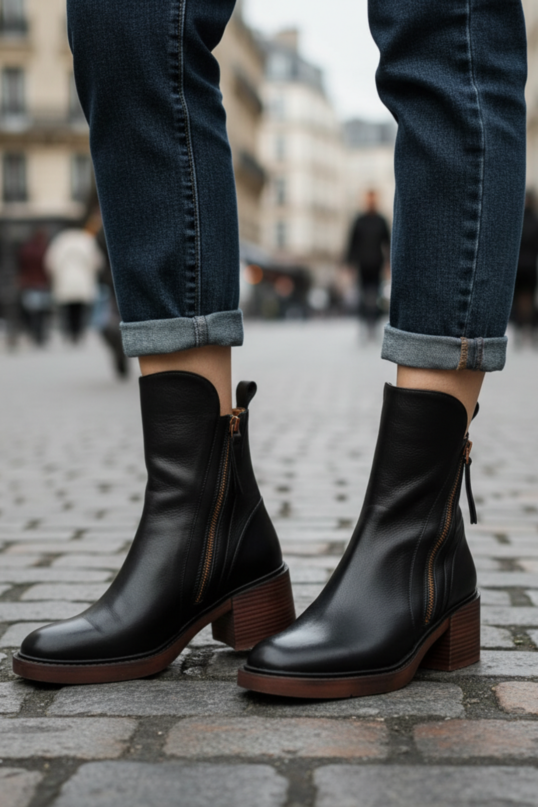 Pernelle - Bota De Couro Com Salto Quadrado