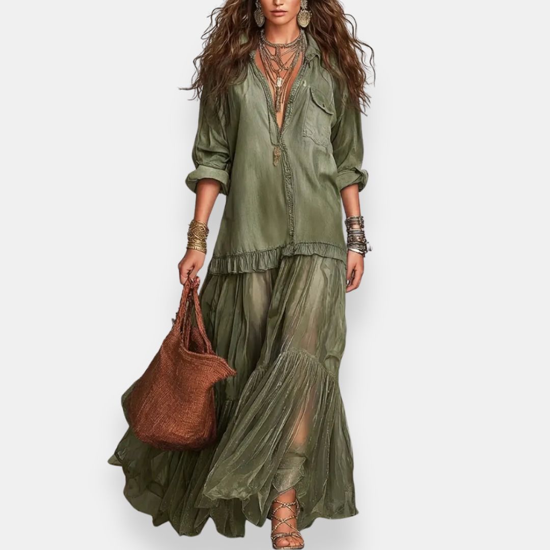 Zaynab - Vestido Maxi De Estilo Boémio Com Folhos