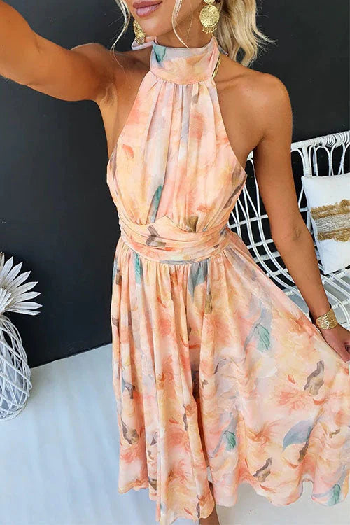 Faina - Vestido Longo com Decote Halter e Padrão Aquarela