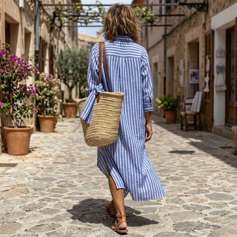 Hermien - Vestido Camisa Leve às Riscas