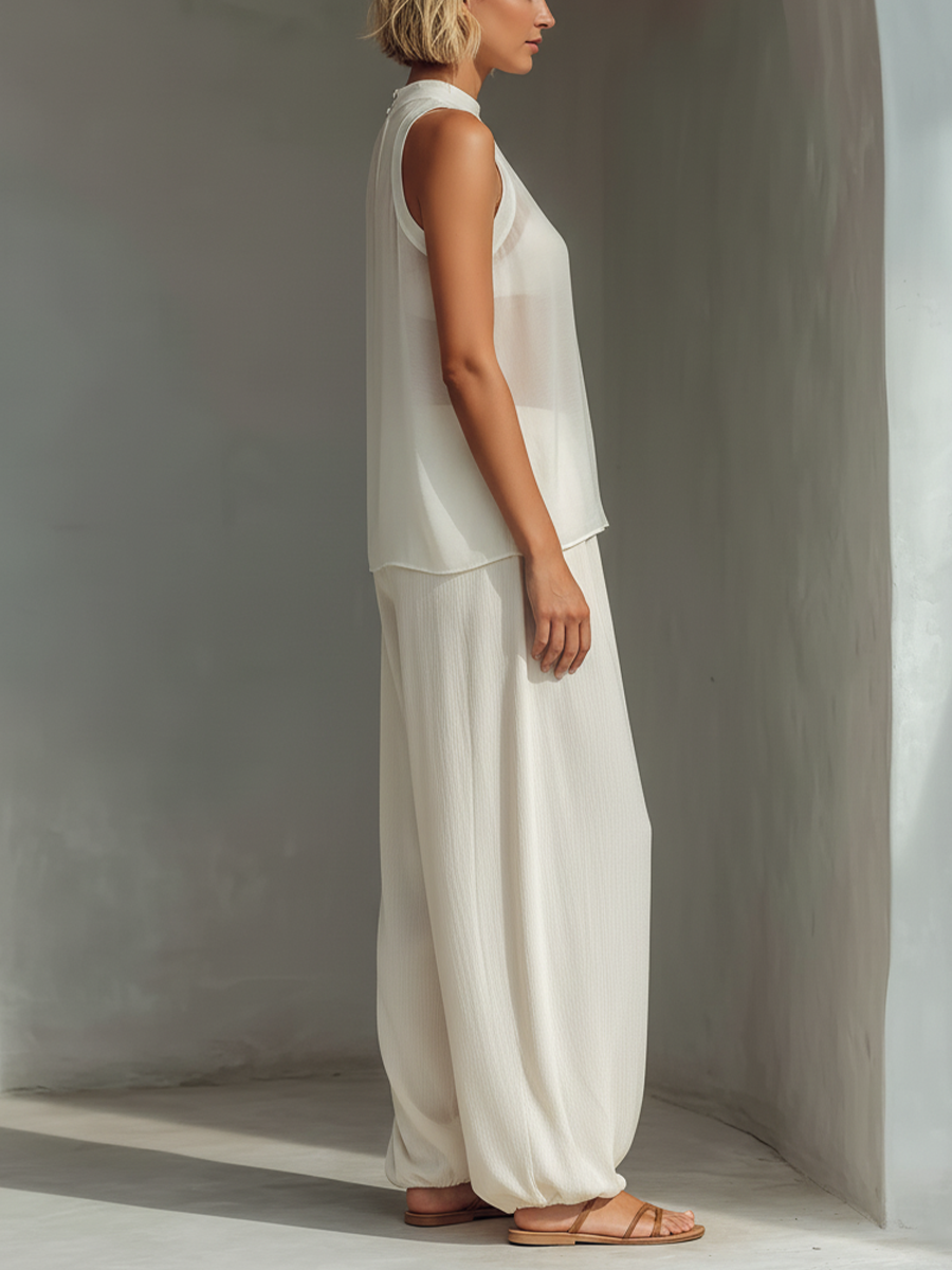 Olivian - Conjunto de top sem Mangas em Chiffon e Calças Largas