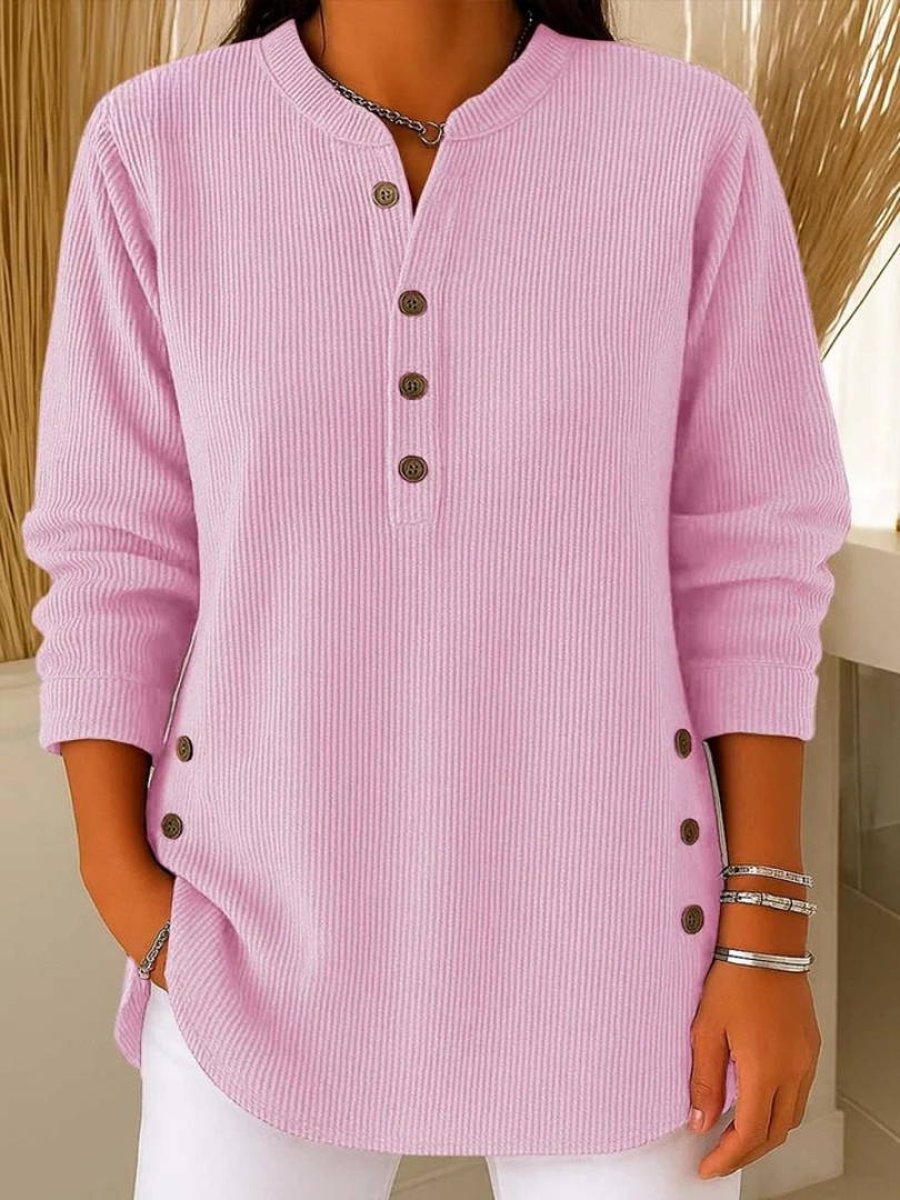 Eshani - Top Henley Casual Com Mangas Compridas Nervuras e Botões