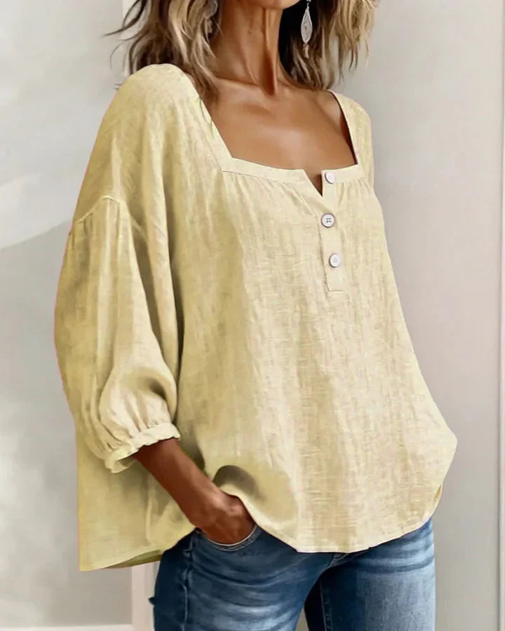Leontien - Blusa De Algodão De Manga Comprida Com Decote Quadrado