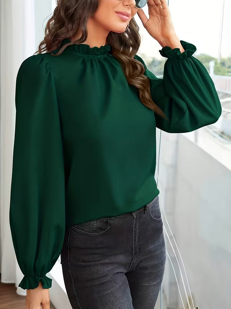 Aurelija - Blusa com Gola com Folhos e Mangas Bufantes