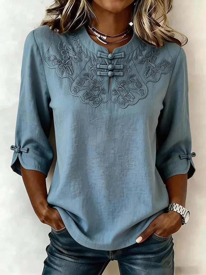 Nozilia - Top Em Algodão e Linho Com Estampado Floral
