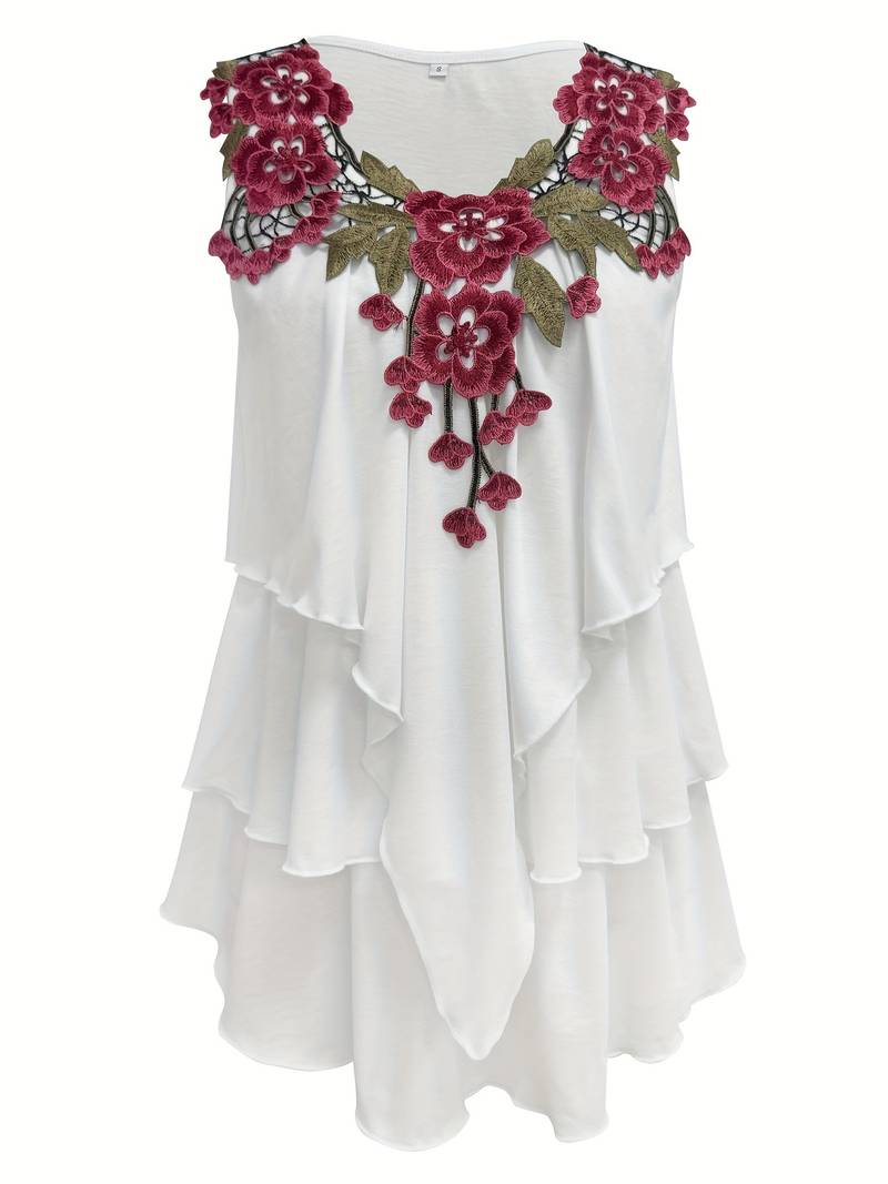 Verunka - Blusa De Verão Com Decote Em V Em Renda Solúvel Com Efeito Patchwork E Folhos