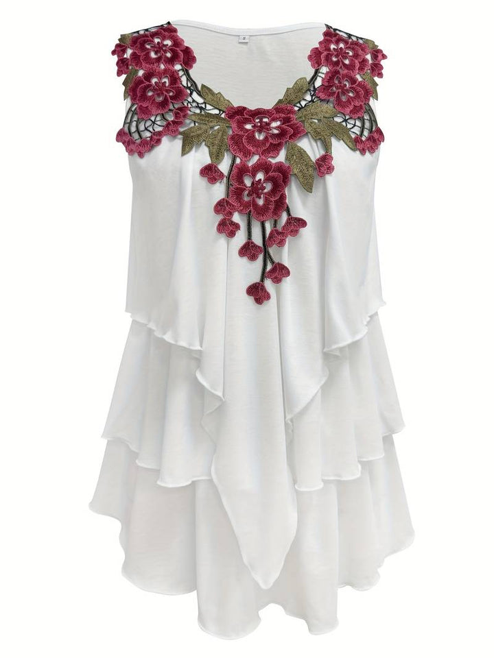 Verunka - Blusa De Verão Com Decote Em V Em Renda Solúvel Com Efeito Patchwork E Folhos