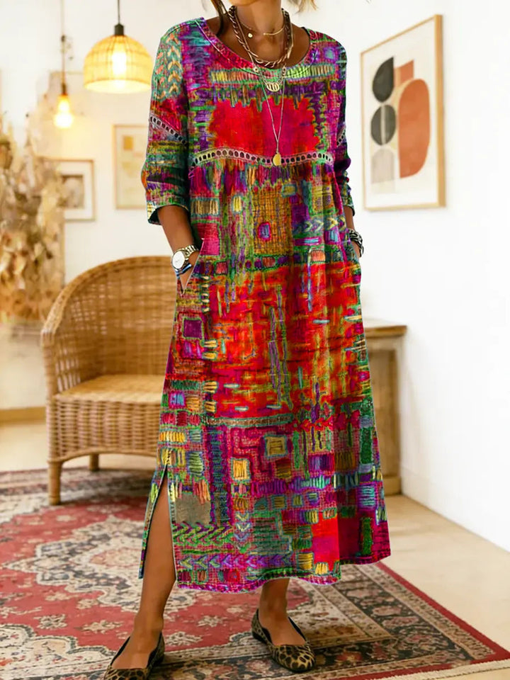 Nihada - Vestido Midi Artístico Com Corte Evasê