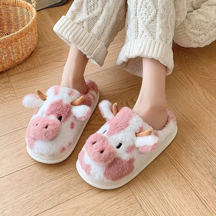 Faliza - Chinelos De Pelúcia Para Uso Doméstico Com Padrão De Vaca Malhada