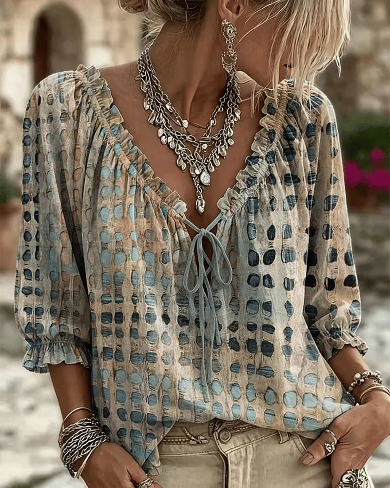 Orlyna - Blusa Com Laços E Padrão De Bolinhas Com Decote Em V