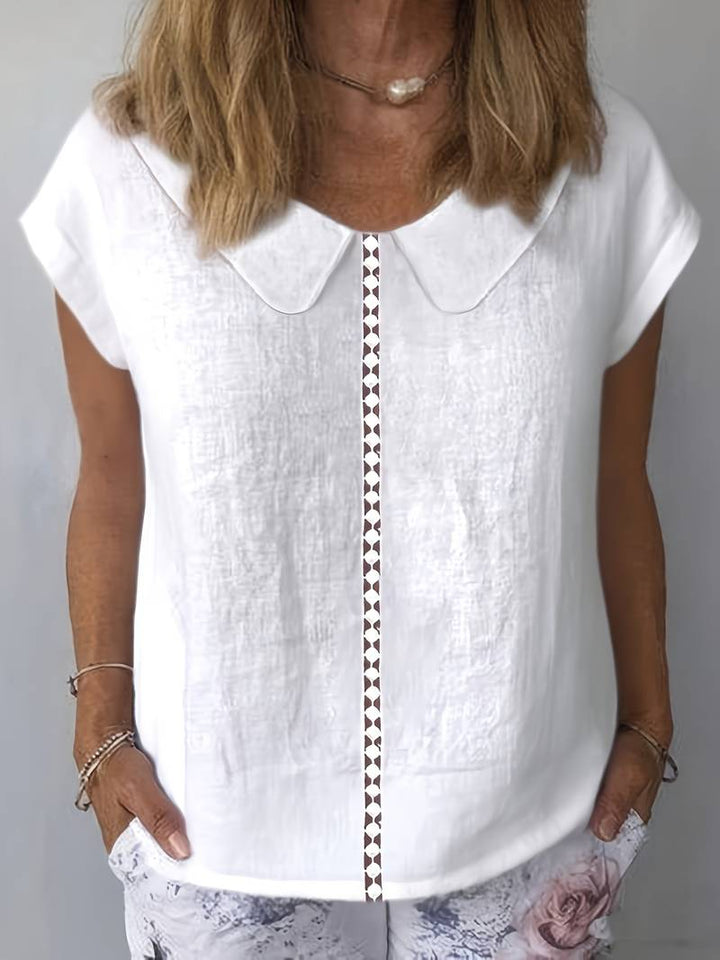 Krischelle - Camisola De Manga Curta Com Encaixe De Renda Na Iapela