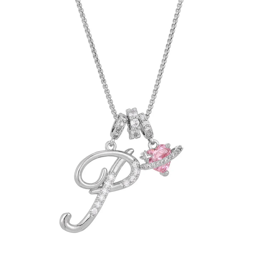 Nerute - Colar Com Inicial e Pingente em Forma de Coração Rosa