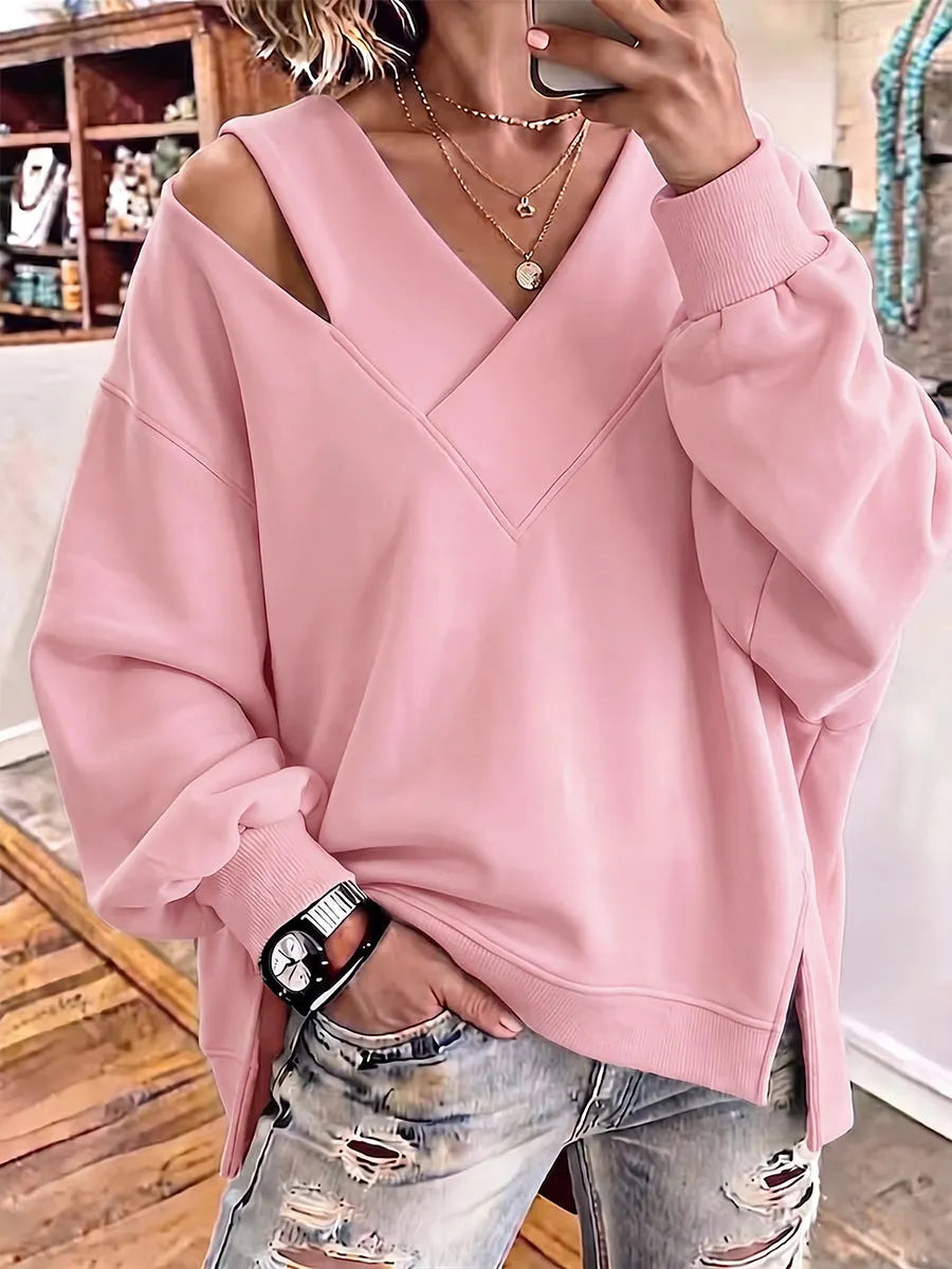Kirstan - Camisola Oversized Elegante com Decote em V e Aberturas