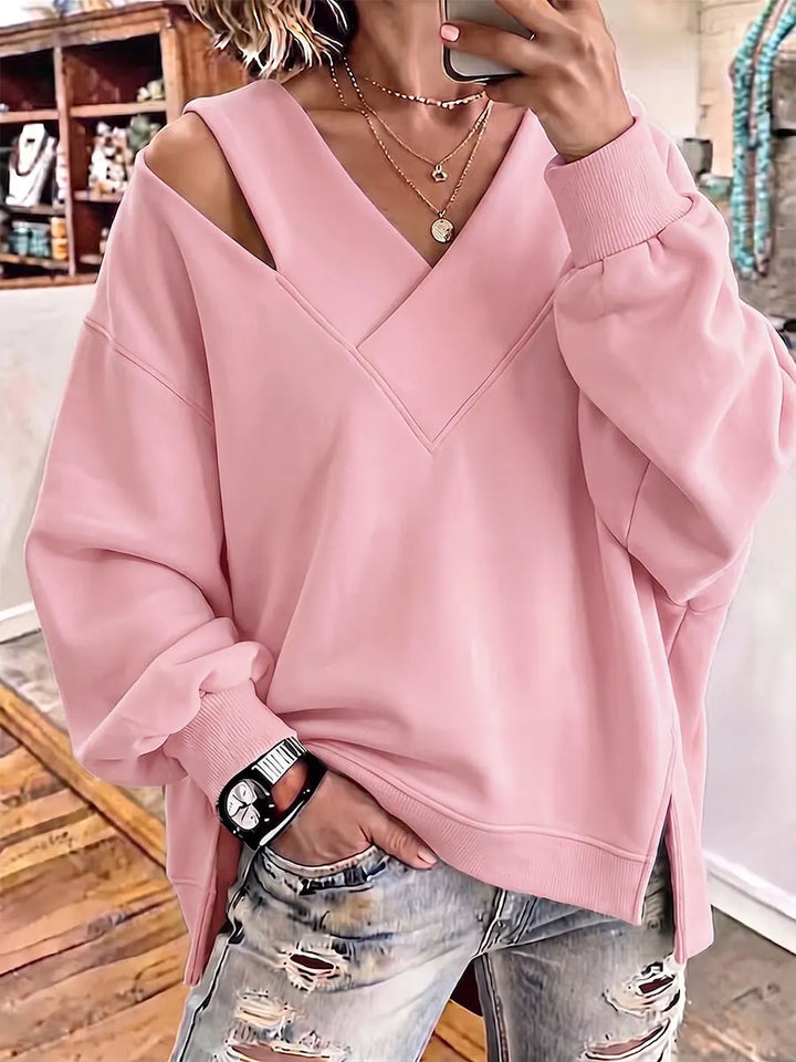 Kirstan - Camisola Oversized Elegante com Decote em V e Aberturas