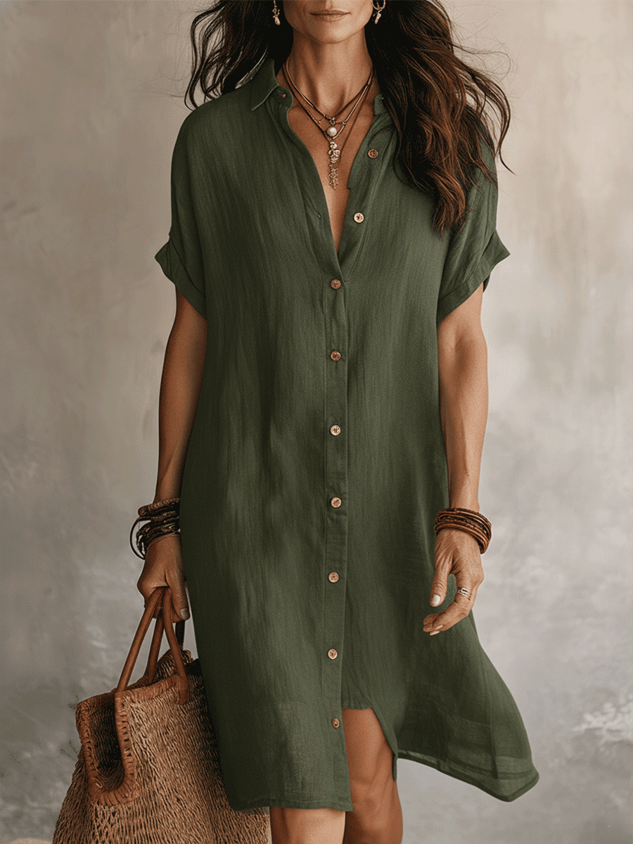 Nilisha - Vestido-Camisa Midi Em Linho e Algodão