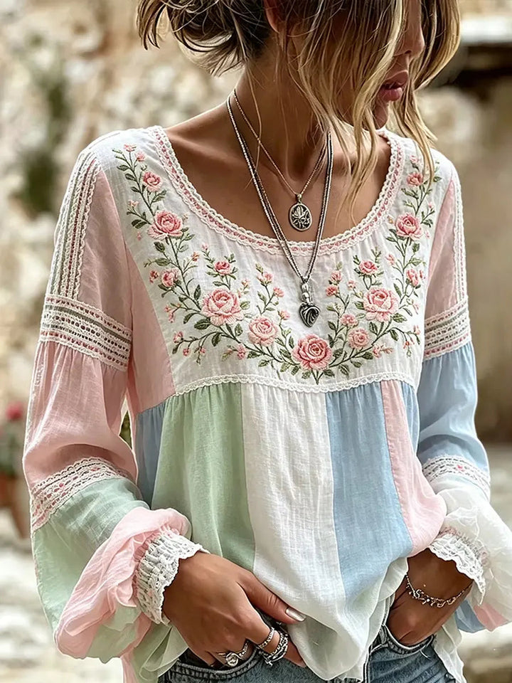 Esraa - Blusa De Linho Com Gola Bordada Com Motivos Florais
