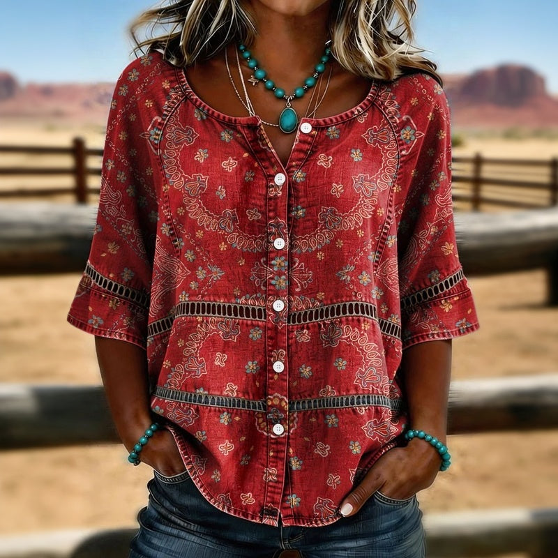 Christien - Blusa Vintage com Estampado Etnico
