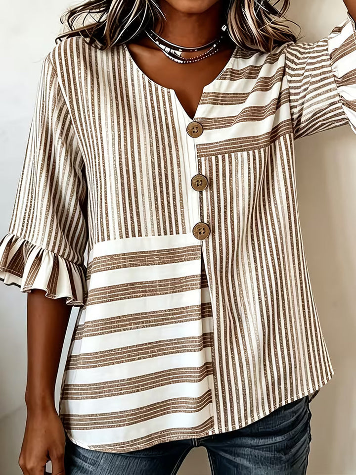 Avyra - Top Com Botões, Mangas Com Folhos E Patchwork Às Riscas