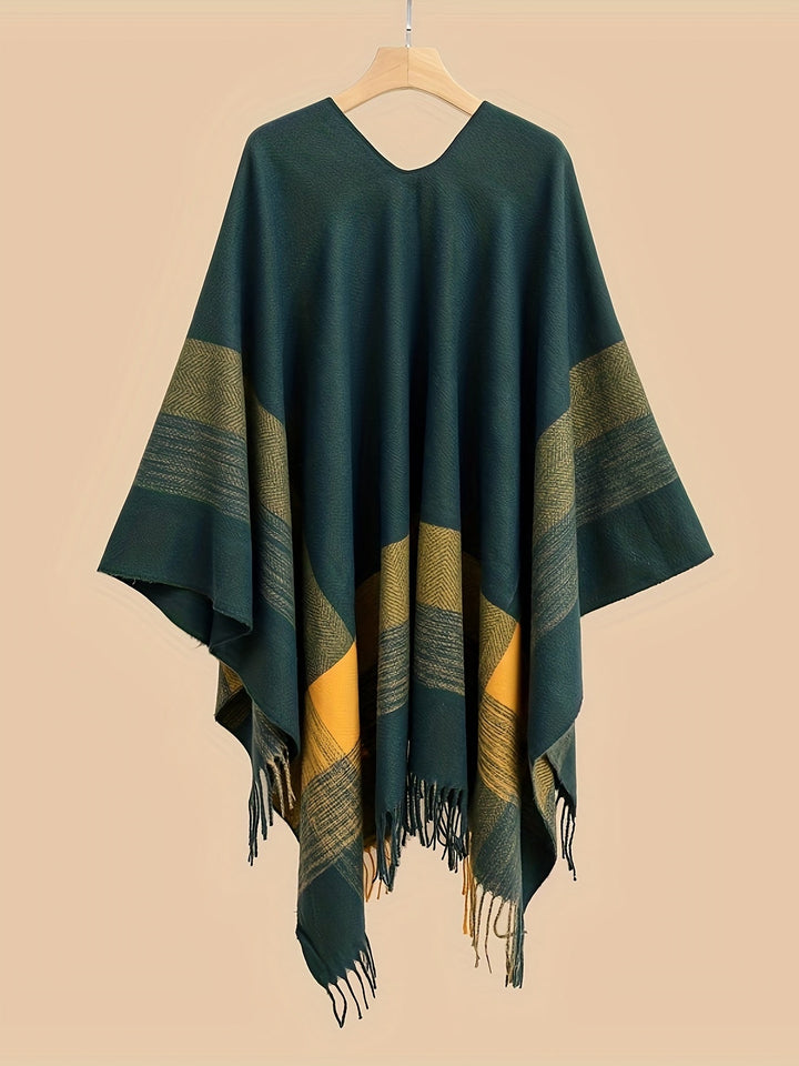 Kyrine - Poncho Com Franjas E Padrão Geométrico
