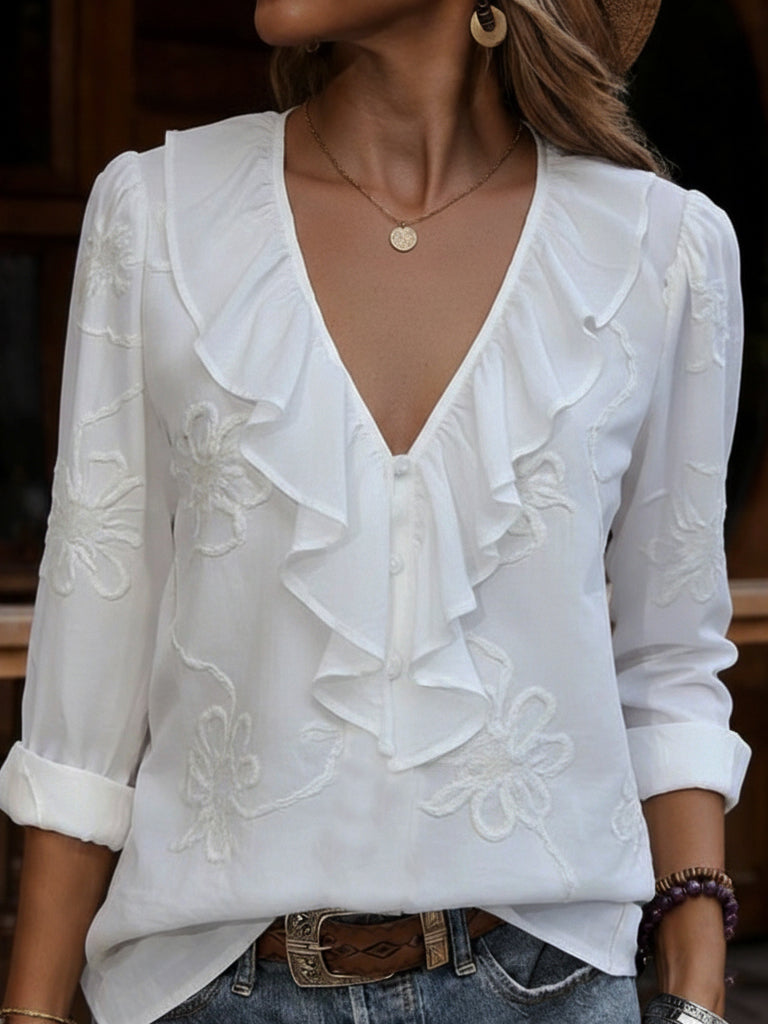 Celestine - Camisa Vintage Com Padrão Floral E Decote Em V
