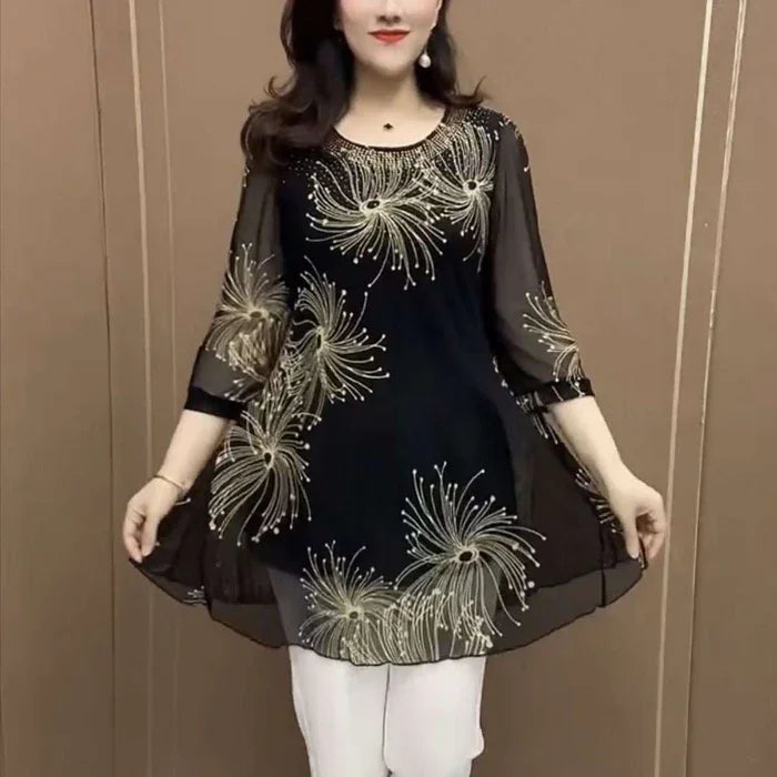 Skirmante - Tops Estampados em Chiffon Com Gola Redonda