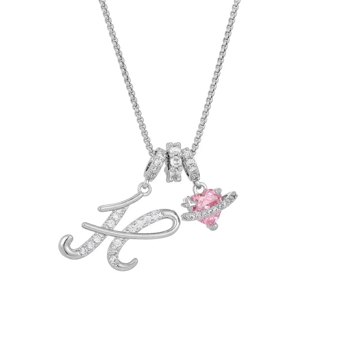Nerute - Colar Com Inicial e Pingente em Forma de Coração Rosa