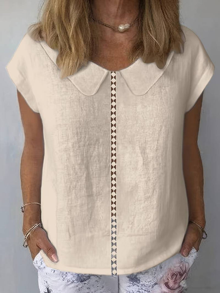 Krischelle - Camisola De Manga Curta Com Encaixe De Renda Na Iapela