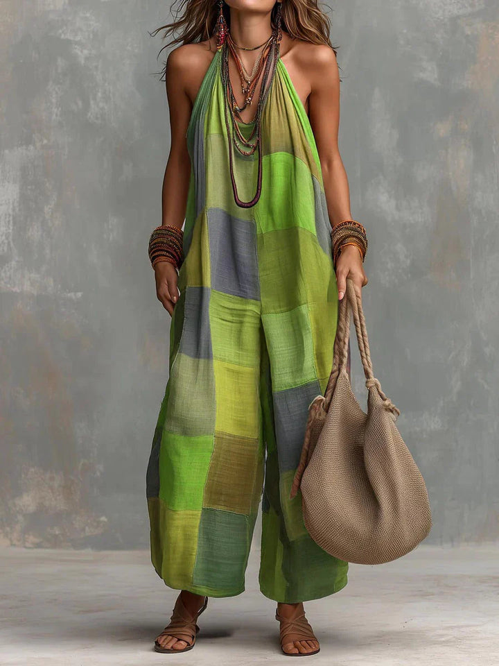 Meriny - Macacão em Patchwork Com Decote Halter e Pernas Largas