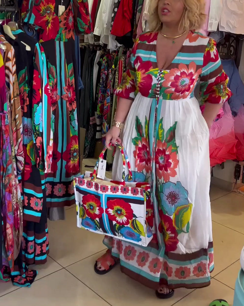 Nerijaa - Vestido Floral Com Decote Em V Profundo