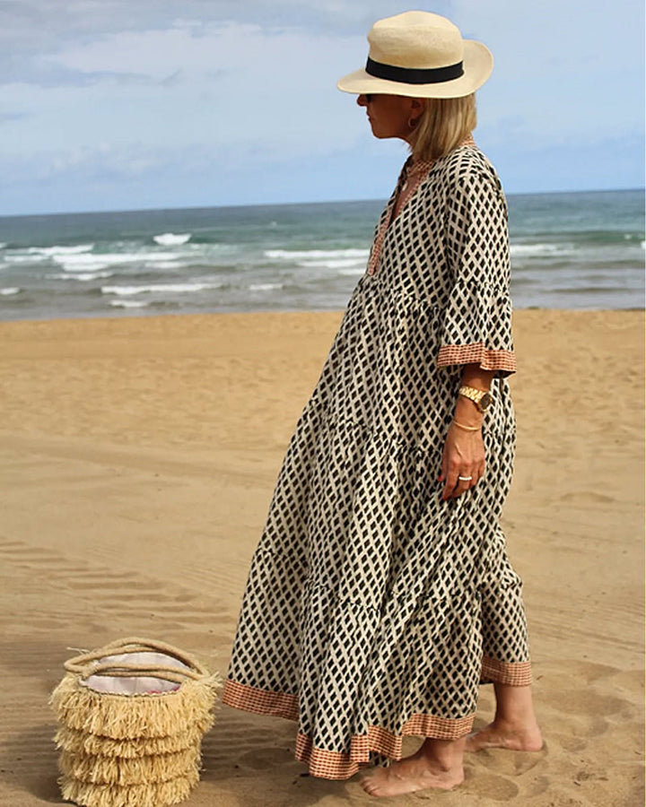 Relesha - Vestido De Corte Largo Com Padrão Em Losango