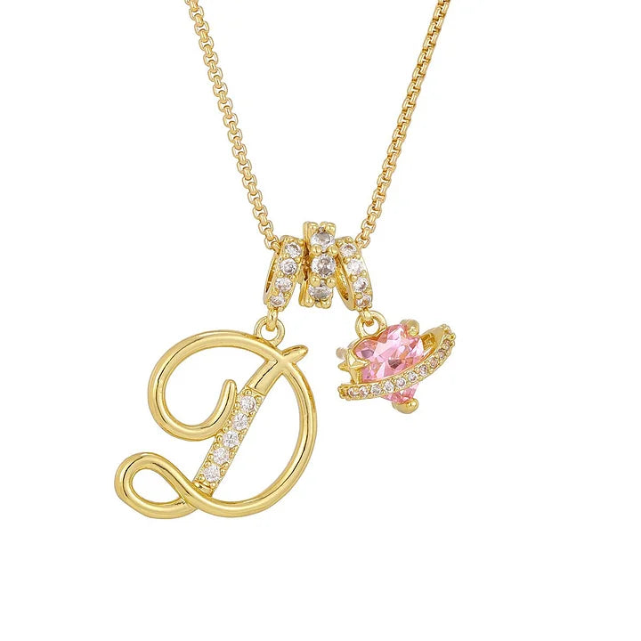 Nerute - Colar Com Inicial e Pingente em Forma de Coração Rosa