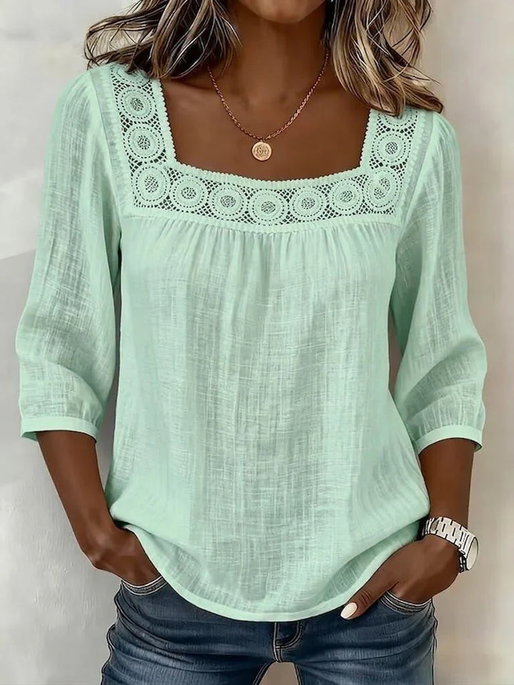 Nozomi - Blusa De Patchwork Com Renda E Decote Quadrado