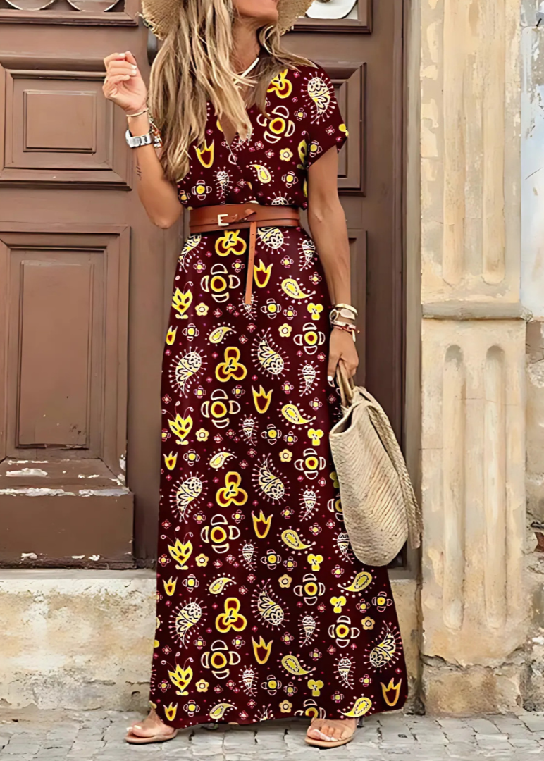 Briony - Vestido Longo Elegante com Estampa Paisley e Cinto