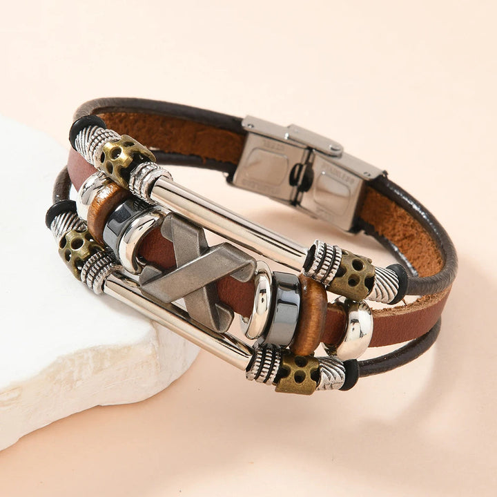Garland - Pulseira de Couro com Cruz em Camadas