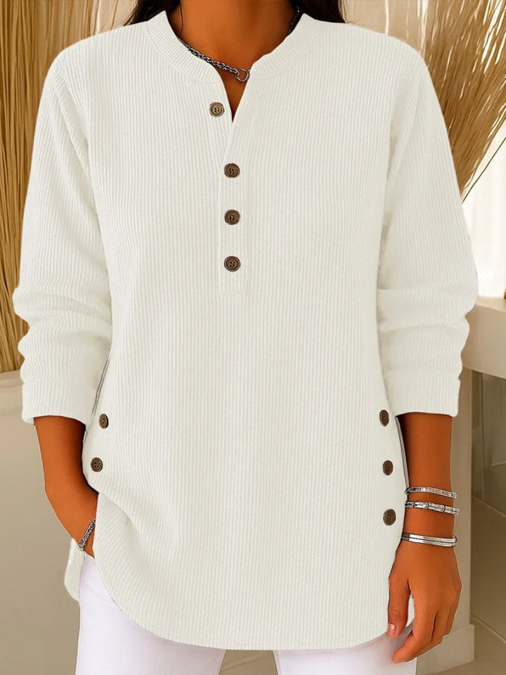Eshani - Top Henley Casual Com Mangas Compridas Nervuras e Botões