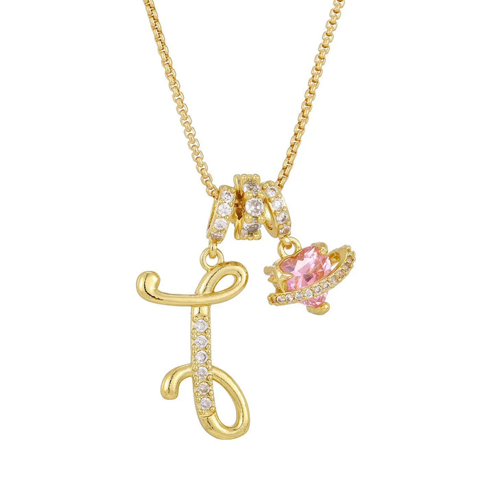 Nerute - Colar Com Inicial e Pingente em Forma de Coração Rosa
