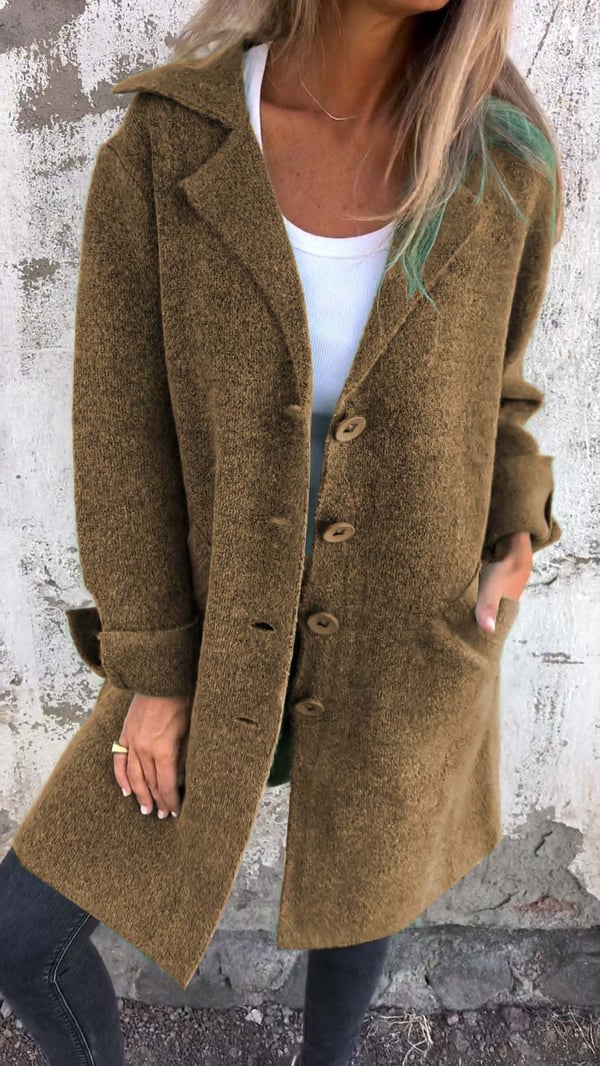 Baylea - Casaco Longo Casual de lã Com Lapela e Botões Simples